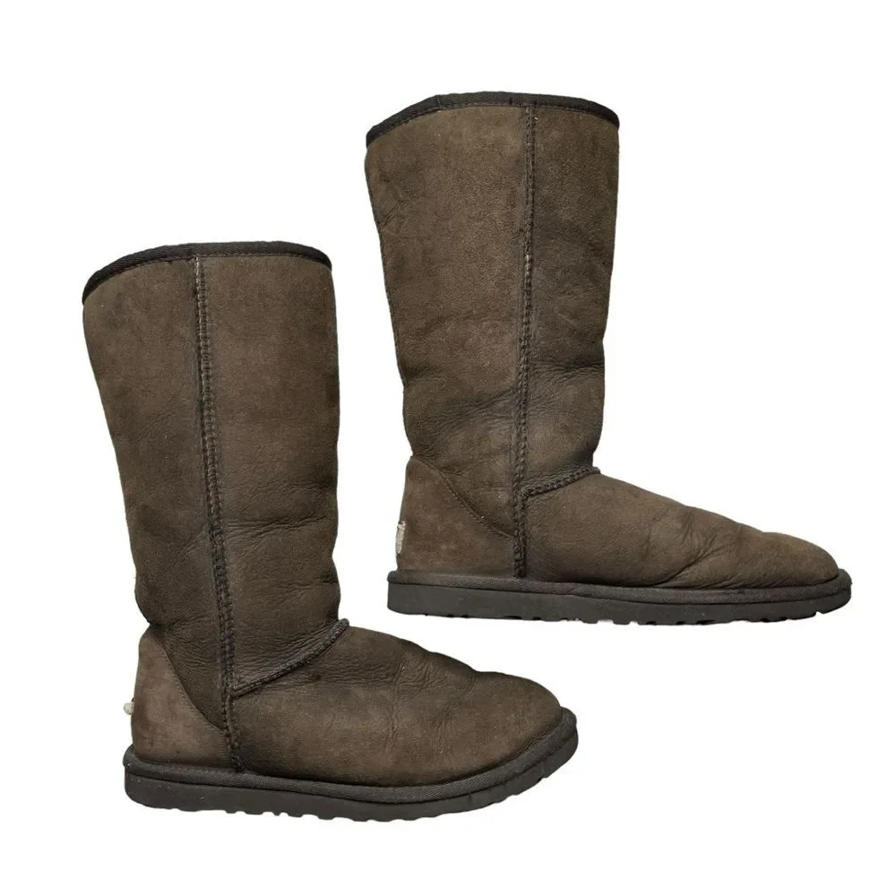 UGG Women's Classic Tall Boots Brown Sherpa Lined Sheepskin Leather Size 6.5